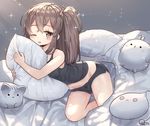  ;o artist_name bangs bare_arms bed_sheet black_camisole black_shorts blanket blush brown_eyes brown_hair camisole eyebrows_visible_through_hair girls_frontline groin hair_ornament highres long_hair looking_at_viewer midriff on_bed one_eye_closed one_side_up open_mouth pillow pillow_hug scar scar_across_eye short_shorts shorts sleeveless solo sparkle stuffed_animal stuffed_cat stuffed_toy tandohark ump45_(girls_frontline) white_pillow 