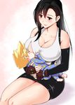  1girl bare_shoulders bizen_dorobune black_eyes black_hair blonde_hair blush breast_feeding breasts cloud_strife collarbone commentary_request earrings elbow_gloves final_fantasy final_fantasy_vii fingerless_gloves gloves highres jewelry large_breasts long_hair ring sitting skirt smile suspender_skirt suspenders tank_top tifa_lockhart wedding_band younger 