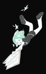  absurdres androgynous black_background clipboard crystal_hair falling gem_uniform_(houseki_no_kuni) green_eyes green_hair highres houseki_no_kuni kaiba parody phosphophyllite short_hair shorts simple_background solo style_parody uniform 