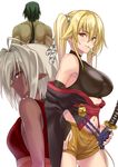  2girls armpits bangs bare_arms bare_shoulders blonde_hair breasts brown_eyes character_request closed_mouth commentary_request cowboy_shot dango dark_elf detached_sleeves elf food japanese_clothes katana kimono large_breasts long_hair long_sleeves looking_at_viewer mouth_hold multiple_girls navel off_shoulder parted_lips pointy_ears profile sash sengoku_aky shorts silver_hair sleeveless sleeveless_turtleneck smile soukou_akki_muramasa stomach sword turtleneck twintails upper_body wagashi weapon wide_sleeves 