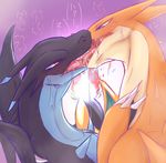  ambiguous_gender charizard duo feral fire fklow french_kissing hi_res japanese_text kissing mega_charizard mega_charizard_x mega_charizard_y mega_evolution nintendo open_mouth pok&eacute;mon pok&eacute;mon_(species) saliva sweat teeth text video_games wings 