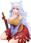  animal_ears arano_oki bare_shoulders bow breasts cleavage collarbone commentary_request frills hatchet kemonomimi_mode large_breasts long_hair messy_hair open_mouth orange_eyes oriental_hatchet sakata_nemuno single_strap solo tail touhou white_hair wolf_ears 