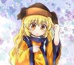  blonde_hair blush brown_eyes brown_hat crying crying_with_eyes_open expressive_clothes eyebrows_visible_through_hair floral_background hair_between_eyes hat lavender_background long_hair looking_at_viewer matara_okina pote_(ptkan) solo tabard tears touhou upper_body wavy_hair wide_sleeves younger 