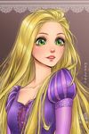  absurdres artist_name bangs blonde_hair blush collarbone freckles green_eyes highres juliet_sleeves lips long_hair long_sleeves mari945 open_mouth puff_and_slash_sleeves puffy_sleeves rapunzel_(disney) ribbon sidelocks solo sparkle tangled teeth upper_body very_long_hair 