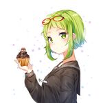  black_serafuku black_shirt blush closed_mouth crying crying_with_eyes_open cupcake eyewear_on_head food from_side glasses green_eyes green_hair gumi highres holding holding_food long_sleeves moong_gya red-framed_eyewear school_uniform serafuku shiny shiny_hair shirt short_hair sidelocks simple_background solo tareme tears vocaloid white_background yowamushi_mont-blanc_(vocaloid) 