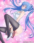  aoki_hagane_no_arpeggio apron bare_shoulders black_legwear blue_eyes blue_hair blush book breasts ginko_(silver_fox) large_breasts long_hair looking_at_viewer masturbation mole mole_under_mouth open_mouth pantyhose pantyhose_pull personification ponytail pussy_juice revision smile solo takao_(aoki_hagane_no_arpeggio) 