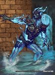  armor blue_eyes copyright_name electricity force_of_will glowing glowing_eyes male_focus naginyan official_art solo water 