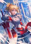  2017 aqua_eyes armor artist_name blonde_hair character_name darkavey day fate/apocrypha fate_(series) gauntlets high_ponytail holding holding_sword holding_weapon long_hair looking_at_viewer mordred_(fate) mordred_(fate)_(all) outdoors parted_lips shoulder_armor smile solo spaulders sword weapon 