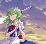  apron bow bowtie closed_eyes commentary_request frilled_apron frills green_hair holding katayama_kei maid_headdress mimi-chan puffy_short_sleeves puffy_sleeves red_bow red_neckwear rocket ruukoto short_hair short_sleeves sky smile solo touhou touhou_(pc-98) 