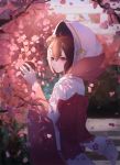  1girl bad_id bad_pixiv_id brown_hair cherry_blossoms hood japanese_clothes kimono momo_(onmyoji) oni_horns onmyoji outdoors owenhiruno petals pink_eyes short_hair smile solo standing wide_sleeves 