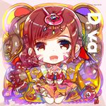  bangs braid brown_eyes brown_hair d.va_(overwatch) dress facial_mark heart heart_hands heco_(mama) kneeling long_hair looking_at_viewer open_mouth overwatch palanquin_d.va ponytail single_braid solo swept_bangs 