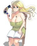  blonde_hair blush book breasts chair cleavage elf hair_dryer highres holding huge_breasts jewelry long_hair masao necklace open_book original parted_lips pointy_ears shadow simple_background sitting solo towel white_background 