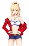  :d belt blonde_hair blue_shorts bra breasts cleavage collarbone cowboy_shot eyebrows_visible_through_hair fang fate/apocrypha fate_(series) gemi_25 green_eyes hair_ornament hair_scrunchie hands_on_hips high_ponytail highres jacket jewelry long_hair looking_at_viewer medium_breasts mordred_(fate) mordred_(fate)_(all) navel necklace open_clothes open_jacket open_mouth red_jacket red_scrunchie scrunchie short_shorts shorts simple_background smile solo standing stomach torn_clothes torn_shorts underwear white_background white_bra 