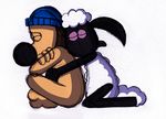  2016 3_fingers aardman_animations anthro anthro_on_anthro beanie big_nose biped bitzer_the_sheepdog black_nose black_skin brown_body canine caprine comforting crossed_arms crossed_legs depression digital_media_(artwork) dog duo embrace eyes_closed floppy_ears frown fur guide_lines hat hug hugging_from_behind kneeling leaning leaning_forward male male/male mammal mixed_media mostly_nude naked_hat nude puccafangirl sad shaun_the_sheep shaun_the_sheep_(character) sheep sheepdog side_view simple_background sitting sketch toony traditional_media_(artwork) upset wallace_and_gromit white_background white_fur wool 