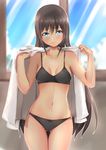  asashio_(kantai_collection) ass_visible_through_thighs bangs bare_arms baretto_(karasi07) black_bra black_hair black_panties blue_eyes blue_sky blurry blush bow bow_panties bra breasts breasts_apart closed_mouth cloud collarbone commentary_request cowboy_shot day depth_of_field eyebrows_visible_through_hair highres indoors kantai_collection lips long_hair looking_at_viewer medium_breasts navel open_clothes open_shirt outline panties shirt skindentation sky solo standing thigh_gap thighs underwear undressing very_long_hair white_outline white_shirt window 