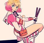  blonde_hair cellphone from_side gwen_poole gwenpool jisoo_kim katana leotard looking_at_viewer marvel multicolored_hair phone pink_hair pink_lips pouch smartphone solo squatting superhero sword two-tone_hair weapon 
