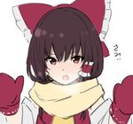  :o bangs blush bow brown_eyes brown_hair detached_sleeves eyebrows_visible_through_hair hair_bow hair_tubes hairband hakurei_reimu leon_(mikiri_hassha) long_sleeves looking_at_viewer mittens nose_blush open_mouth red_bow scarf sidelocks simple_background solo touhou translated upper_body white_background 