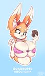  ! ? areola_slip big_breasts bra breast_expansion breast_jiggle breasts cleavage clothed clothing cookie eating female food huge_breasts lagomorph mammal maya rabbit secretly_saucy solo underwear 