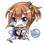  :d anchor azur_lane bangs bare_shoulders blue_eyes blue_skirt braid brown_hair chibi commentary_request eyebrows_visible_through_hair full_body hair_between_eyes halterneck hand_up hat looking_at_viewer midriff mini_hat navel open_mouth pleated_skirt ponytail repulse_(azur_lane) rudder_shoes shachoo. short_hair simple_background skirt smile solo speech_bubble thighhighs white_background 