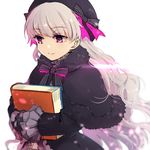  bangs beret book fate/extra fate/grand_order fate_(series) hat hat_ribbon holding holding_book long_hair lowres nursery_rhyme_(fate/extra) purple_eyes ribbon smile solo tia_(cocorosso) white_hair 