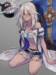  beltbra cosplay dark_skin flag guilty_gear guilty_gear_xrd jewelry looking_at_viewer maka_(morphine) navel necklace ramlethal_valentine sin_kiske sin_kiske_(cosplay) sword weapon white_hair yellow_eyes 