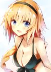  1girl :d absurdres bangs bare_shoulders bikini bikini_top black_bikini black_hairband blonde_hair blue_eyes blush braid breasts cleavage collarbone commentary_request eyebrows_visible_through_hair fate/grand_order fate_(series) hair_between_eyes hairband highres jeanne_d&#039;arc_(fate)_(all) jeanne_d&#039;arc_(swimsuit_archer) large_breasts long_hair nanakusa_amane open_mouth sidelocks single_braid smile solo swimsuit upper_body very_long_hair 