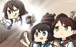  &gt;_o :q ashigara_(kantai_collection) brown_eyes brown_hair commentary dated food hamu_koutarou highres jitome kantai_collection light_brown_eyes long_hair miyuki_(kantai_collection) multiple_girls one_eye_closed remodel_(kantai_collection) sailor_collar sandwich school_uniform serafuku shikinami_(kantai_collection) tongue tongue_out v-shaped_eyebrows waving 