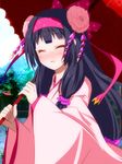  black_hair blush bow closed_eyes day flower flower_knight_girl hair_bow hair_flower hair_ornament hairband japanese_clothes kanzashi kimono long_hair looking_at_viewer low-tied_long_hair object_namesake pink_bow shakuyaku_(flower_knight_girl) sky snowstar solo tree tsumami_kanzashi umbrella 