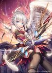  akkijin angel archery armor bare_shoulders blue_eyes bow_(weapon) braid feathered_wings feathers looking_at_viewer official_art orange_sky outdoors ruins shinkai_no_valkyrie silver_hair single_wing sky solo thighhighs weapon wings 