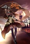  absurdres arm_up armor armored_dress armpits banner blonde_hair blue_eyes chain cloud cloudy_sky dress fate/apocrypha fate_(series) floating_hair fur_trim gauntlets highres holding holding_weapon jeanne_d'arc_(fate) jeanne_d'arc_(fate)_(all) long_hair looking_at_viewer outdoors purple_legwear sky sleeveless sleeveless_dress solo standing thighhighs tower weapon yukibana 