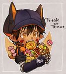  bangs brown_hair candy chocolate chocolate_bar commentary_request eating extra_ears facial_mark fang food grey_background hair_between_eyes halloween hat highres holding_candy kemonomimi_mode lollipop made_in_abyss male_focus mechanical_arms open_mouth pointy_ears regu_(made_in_abyss) scarf short_sleeves slit_pupils solo striped striped_scarf trick_or_treat usuki_(usukine1go) yellow_eyes 