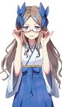  absurdres adjusting_eyewear asakaze_(kantai_collection) bespectacled blue_eyes blush bow dymao glasses hair_bow hair_ribbon hakama highres japanese_clothes kantai_collection kimono lips long_hair long_sleeves meiji_schoolgirl_uniform ribbon sidelocks smile solo wavy_hair wide_sleeves 