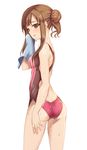  ass bangs blush breasts brown_eyes brown_hair competition_swimsuit cowboy_shot from_behind gokubuto_mayuge hand_up holding idolmaster idolmaster_cinderella_girls long_hair looking_back mizumoto_yukari one-piece_swimsuit parted_lips side_bun sidelocks simple_background small_breasts solo swimsuit thighs towel wet white_background 