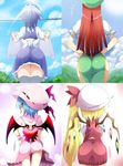  4girls ass blonde_hair blue_hair blush clouds embarrassed flandre_scarlet hand_on_waist hat hips hong_meiling izayoi_sakuya laundry long_hair looking_back nice_ass panels peeking red_hair remilia_scarlet short_hair sky small_ass touhou wide_hips wings 
