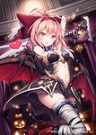  :o akkijin arm_up armpit_peek bandages bare_shoulders black_gloves boots breasts candle choker demon_girl demon_wings gloves hair_ornament hair_ribbon heart high_heel_boots high_heels looking_at_viewer medium_breasts midriff navel official_art orange_eyes pink_hair pumpkin purple_ribbon red_ribbon ribbon ribbon_choker shinkai_no_valkyrie solo staff thighhighs weapon wings zettai_ryouiki 