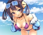  :d :o azur_lane bangs bare_shoulders bent_over bikini blue_coat blue_sky blush breasts brown_hair brown_neckwear choker cleavage cloud coat collarbone commentary_request covered_nipples cowboy_shot day eyewear_on_head fur_trim gokubuto_mayuge hair_ribbon hairpods hands_on_hips hanging_breasts long_hair long_sleeves looking_at_viewer medium_breasts ning_hai_(azur_lane) off_shoulder open_clothes open_coat open_mouth outdoors purple_bikini purple_eyes ribbon sky smile solo standing sunglasses swimsuit thigh_gap v-shaped_eyebrows white-framed_eyewear 