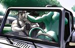  adharc arched_back baseball_cap bgn biceps butt car croup front_view fur green_fur grin hat male mammal mostly_nude muscular muscular_male navel outside pecs presenting presenting_hindquarters public_nudity raised_tail rear_view rhinoceros smile vehicle 