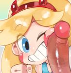  1girl blonde_hair blue_eyes blush_stickers clenched_hand close-up eyebrows_visible_through_hair eyes_visible_through_hair face glo-s-s grin heart_cheeks hetero highres long_hair looking_at_viewer one_eye_closed penis penis_on_face smile star_butterfly star_vs_the_forces_of_evil teeth uncensored 