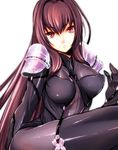  bodysuit breasts breasts_apart brown_hair covered_nipples fate/grand_order fate_(series) hair_between_eyes highres large_breasts long_hair nuebiimu parted_lips red_eyes scathach_(fate)_(all) scathach_(fate/grand_order) shoulder_armor simple_background sitting solo spaulders very_long_hair white_background 