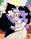  2017 anthro black_fur black_hair black_nose breasts brown_eyes clothed clothing dress duo female freckles fur hair lagomorph mammal pink_nose purple_fur rabbit skunk slickpuppy wedding wedding_cake wedding_dress white_fur witchiebunny_(character) 