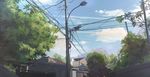  blue_sky cloud cloudy_sky day faiz_azhar fence highres house lamppost no_humans original outdoors power_lines sky telephone_pole town tree 