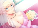 1girl bare_shoulders blonde_hair blue_eyes blush bouquet breasts bridal_veil bride cleavage closed_mouth crown earrings elbow_gloves eyebrows eyebrows_visible_through_hair flower game_cg hair_bun highres holding indoors large_breasts light_smile looking_down necklace oohara_kyuutarou original pearl_necklace pink_dress pink_gloves seishukujo_he_no_aiiku_choukyou:_somerareru_junketsu shy smile solo standing strapless upper_body wedding_dress 