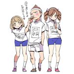  2girls arm_behind_back arms_behind_back bangs blue_shorts blush bow brown_footwear brown_hair chibi_maruko-chan clenched_hand closed_mouth drill_hair freckles full_body furrowed_eyebrows gym_shirt gym_shorts gym_uniform hair_bow hairband hand_in_pocket headband heart jougasaki_himeko kneehighs leaning_forward light_brown_hair looking_away multiple_girls nagasawa_kimio name_tag pink_footwear polo_shirt pop_kyun sanpaku sasayama_kazuko shirt shoes shorts simple_background smile spiked_hair standing sweatdrop swept_bangs twin_drills twintails white_background white_legwear white_shirt white_shorts wiping_nose 