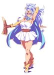  armpits bangs blue_cape blue_hair boots breasts cape circlet closed_mouth commentary_request dragon_quest dragon_quest_iii dress elbow_gloves eyebrows_visible_through_hair full_body gloves hair_between_eyes hand_behind_head hand_up high_heel_boots high_heels highres holding holding_staff large_breasts legs long_hair looking_at_viewer ponytail red_eyes sage_(dq3) sash short_dress simple_background smile solo staff standing strapless strapless_dress tasaka_shinnosuke white_background white_dress yellow_footwear yellow_gloves 