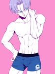  bare_arms bare_chest blue_eyes boxers capsule_corp dragon_ball dragon_ball_z hand_on_hip hand_on_own_neck looking_away male_focus male_underwear ochanoko_(get9-sac) pink_background purple_hair serious short_hair simple_background solo trunks_(dragon_ball) underwear 