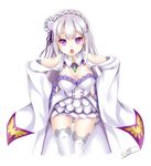  annoyed blush dress emilia_(re:zero) flower long_hair violet_eyes white_hair 