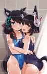  :d animal_ears ass asymmetrical_docking azur_lane bangs black_hair blue_eyes blue_swimsuit blush breast_press breasts cat_ears cat_tail closed_mouth commentary_request competition_school_swimsuit competition_swimsuit eyebrows_visible_through_hair fox_mask fusou_(azur_lane) geso_smith highres long_hair looking_at_viewer mask mask_on_head medium_breasts multiple_girls one-piece_swimsuit open_mouth red_eyes school_swimsuit short_hair smile swimsuit tail wet yamashiro_(azur_lane) 