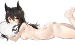  absurdres animal_ears ass atago_(azur_lane) bad_revision barefoot bikini_bottom black_hair blush breasts brown_eyes downscaled_revision from_side hair_between_eyes highres large_breasts legs_up long_hair looking_at_viewer lying md5_mismatch mole mole_on_breast object_hug on_stomach original sabet_(young_ouo) solo topless wet wet_hair white_bikini_bottom 