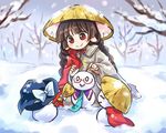  ajirogasa bangs bare_tree black_hair black_hat blue_neckwear blunt_bangs bow braid broom cape cloak earlobes eyebrows_visible_through_hair hat long_hair pote_(ptkan) red_cape red_cloak red_eyes red_neckwear robe smile snow snowing snowman solo touhou tree twin_braids white_bow wide_sleeves winter witch_hat yatadera_narumi 