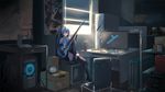  2017 arms_up black_bow black_footwear black_neckwear black_skirt blue_eyes blue_hair boots bow bowtie cake computer day detached_sleeves elbow_gloves floating_hair food gloves green_hair grey_shirt grin guitar hair_between_eyes hair_ornament hatsune_miku headphones highres holding holding_instrument indoors instrument laptop long_hair looking_at_viewer megaphone miniskirt open_mouth orga_(pixiv13765813) pleated_skirt shirt sitting skirt sleeveless sleeveless_shirt smile solo thigh_boots thigh_strap thighhighs twintails very_long_hair vocaloid waving white_gloves white_shirt window zettai_ryouiki 